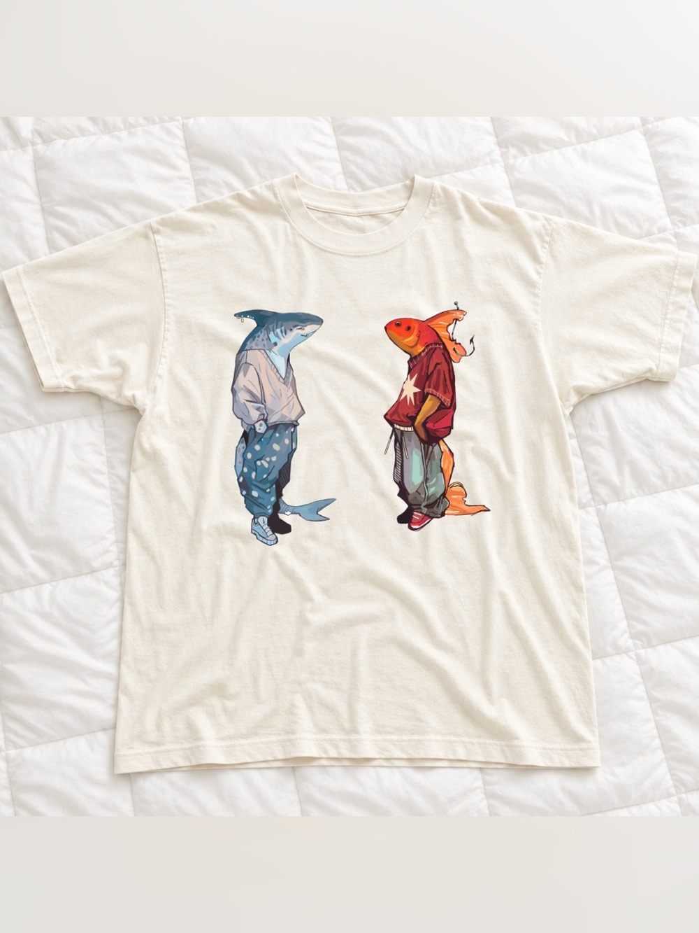 Off White Cool Fish Graphic T-Shirt with Blue Shark & Orange Goldfish Design